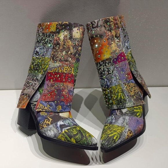 Women's Multi Rhinestone Fabric Chunky Heel Sturdy Sole Calf Western Boots - Picture 9 of 9